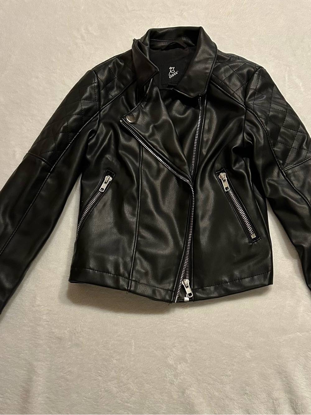Art Class Black Faux Leather Biker Jacket Full Zip Quilted Kids XS (4/5)